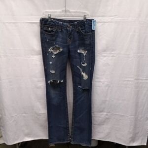 True Religion Dark Blue Distressed Straight Leg Jeans